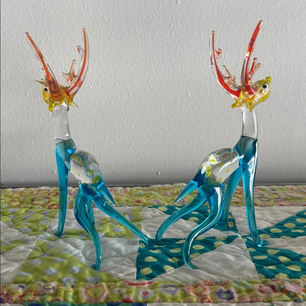 Colorful Handblown Art Glass Colorful Reindeer Buck Deer Miniature Figurines - Picture 2 of 2